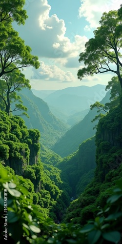 A lush green valley with towering trees and majestic mountains, bathed in sunlight under a blue sky dotted with fluffy