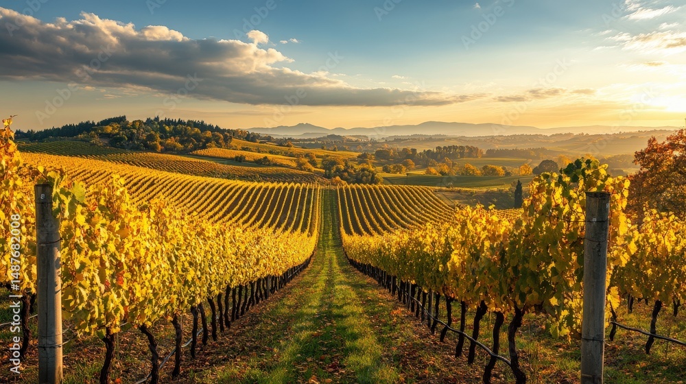 Fototapeta premium Golden vineyard rows stretch across the landscape at sunset.