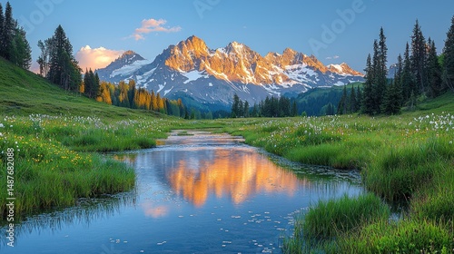 Serene mountain stream reflecting sunrise