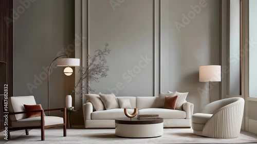 Contemporary interior design in a minimalist living room showcasing cozy furniture and warm lighting