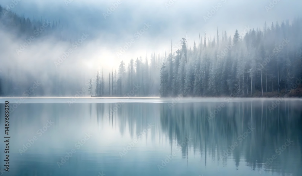Serene Misty Lake with Reflection of Foggy Coniferous Forest Serene Misty Lake with Reflection of Foggy Coniferous Forest