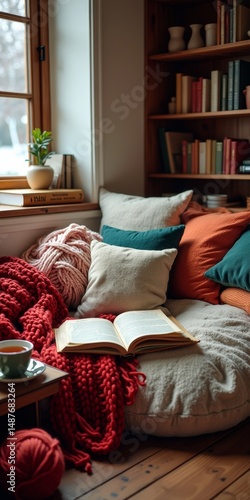 Cozy reading nook with books, blanket, and coffee