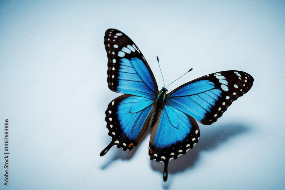 Fototapeta premium A blue butterfly perches on a clean white surface, providing a pop of color