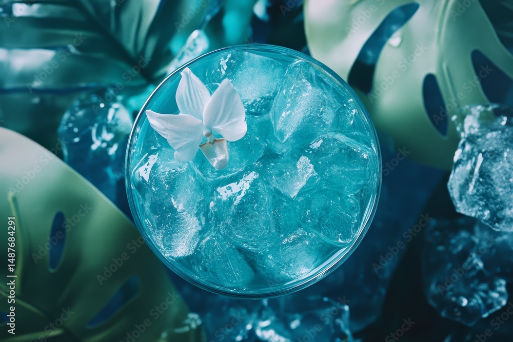 Fototapeta premium A vibrant turquoise drink garnished with a white orchid.