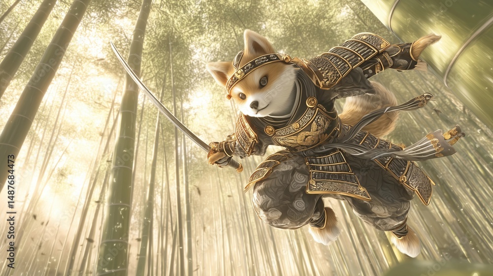 Naklejka premium Samurai Shiba Inu Slashing Through the Bamboo Grove