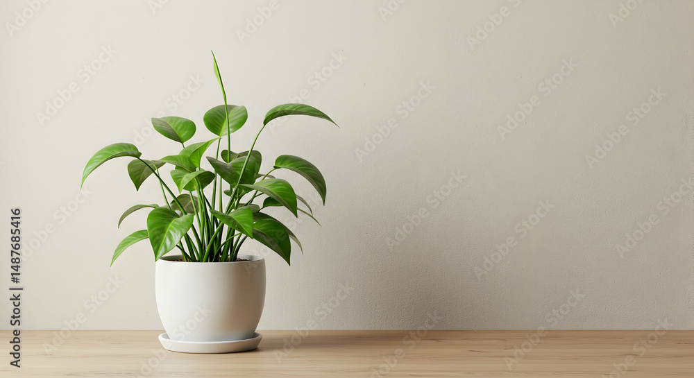 Fototapeta premium plant, green plant, houseplant, Green Plant in White Pot on Wooden Table