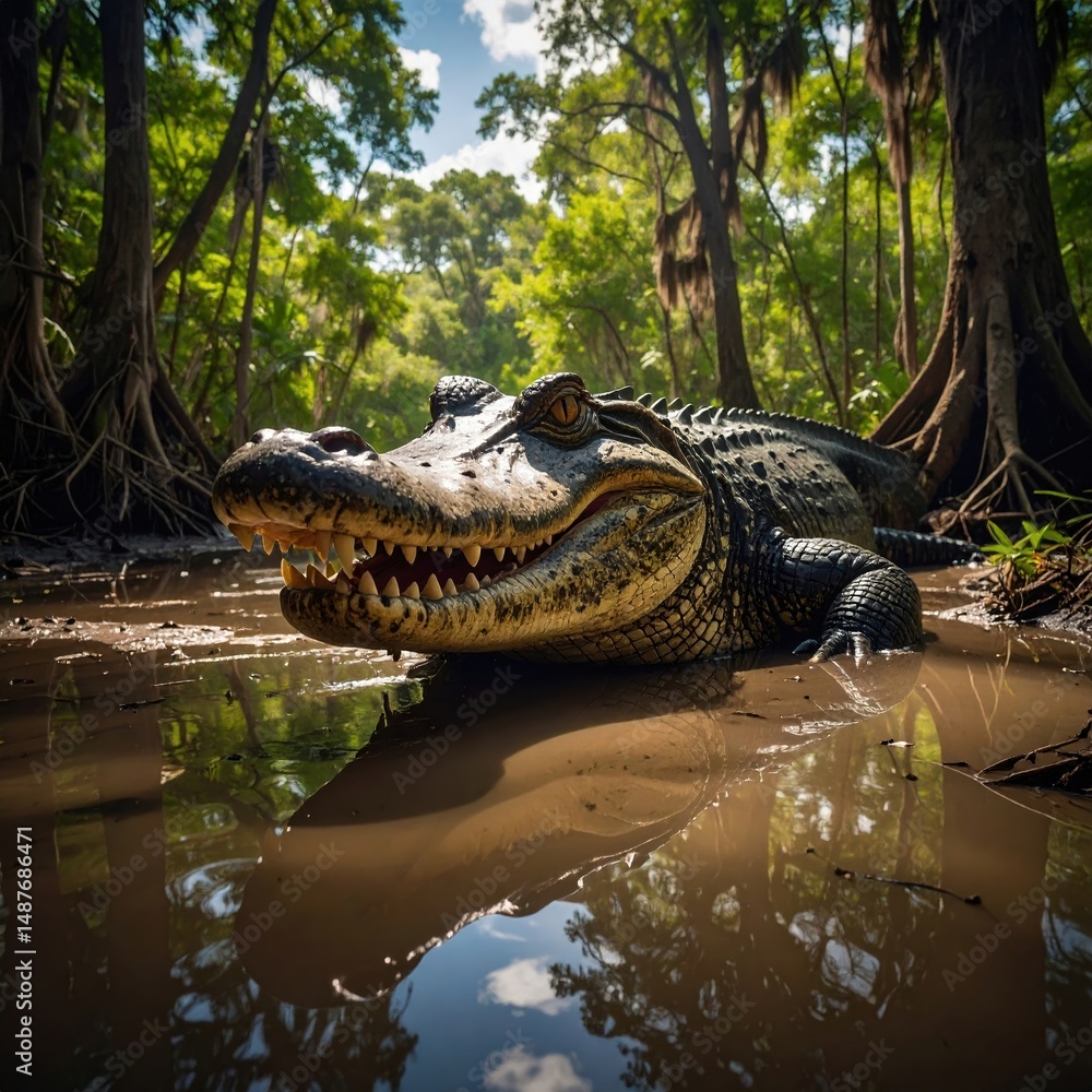 Obraz premium Majestic alligator in sunlit swamp among cypress trees
