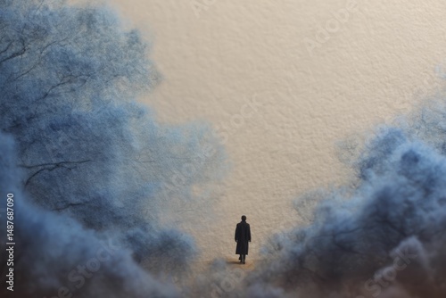 Solitary Figure Walking Through a Dreamlike, Blue-Toned Winter Landscape