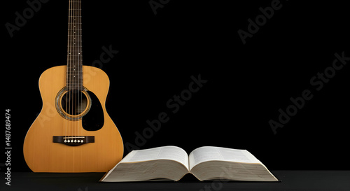 acoustic guitar,  guitar,  book, Acoustic Guitar and Open Book on Black Background