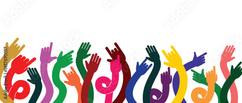 abstract background of hands raised, colorful, concert decoration and humanity day.