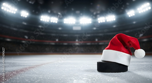 santa hat,  christmas hat,  hockey puck, Santa Hat on Hockey Puck in Empty Stadium