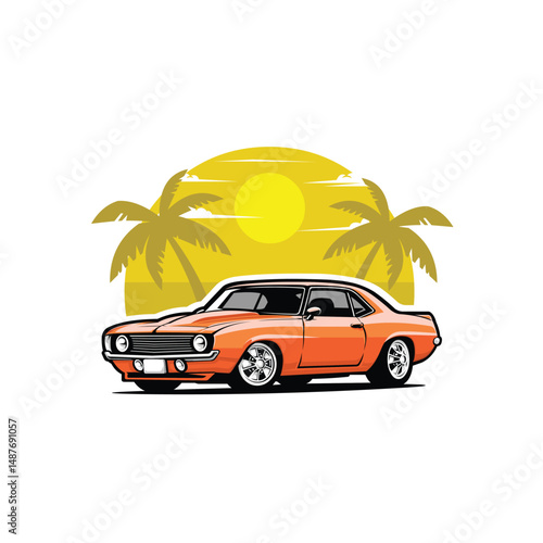 American classic muscle car in beach vector illustration isolated