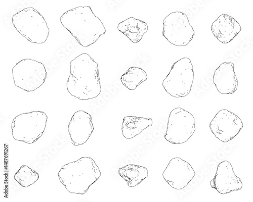 A collection of rocks are shown in a black and white photo. The rocks are of various sizes and shapes, and they are scattered across the image. The illustration gives the impression of a rocky landsca