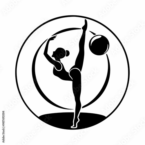 Gymnast performing an elegant pose with a ball in a circular design  