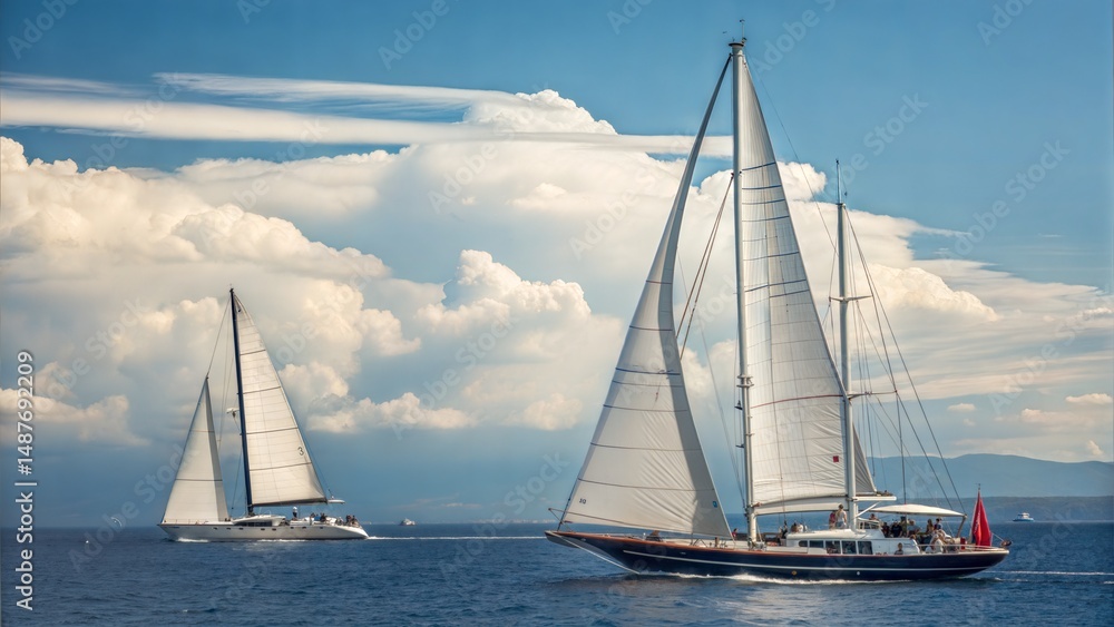 Fototapeta premium White Sail Yachts on Open Sea 
