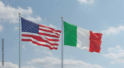 american flag,  italian flag,  usa flag, American and Italian Flags Waving in the Sky