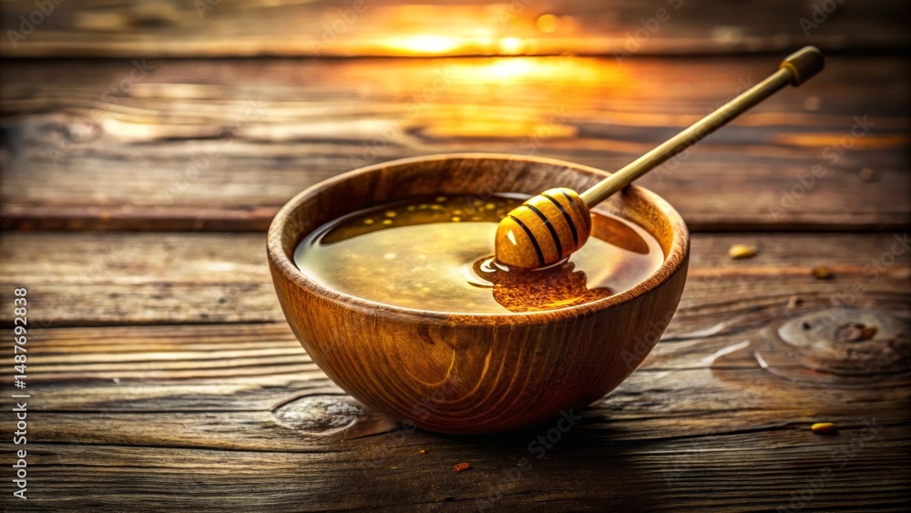 Fototapeta premium Golden honey in a rustic wooden bowl, bathed in the warm glow of sunset light, a honey dipper resting gently within