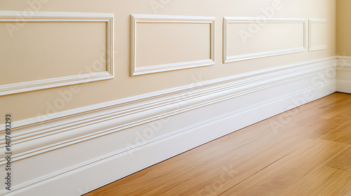 Interior wall with decorative trim and wood floor offers a clean, classic design. The white molding adds depth and visual interest to the room.