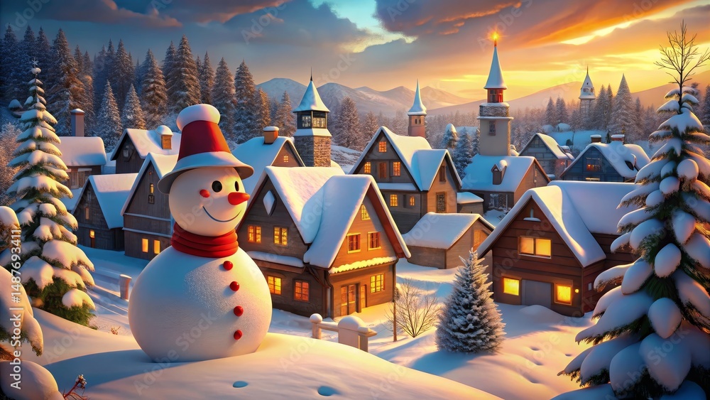 Fototapeta premium A cheerful snowman stands guard before a quaint winter village, nestled amongst snow-covered evergreens at sunset; charming houses glow with warm light, creating a festive and idyllic scene.