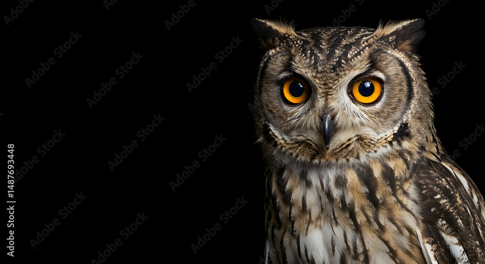Obraz premium owl, bird, avian, Majestic Owl Portrait Against Black Background
