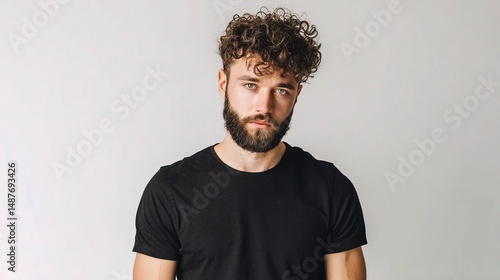 Wallpaper Mural Young Bearded Man in Casual Black Tee Posing Against Neutral Background Torontodigital.ca