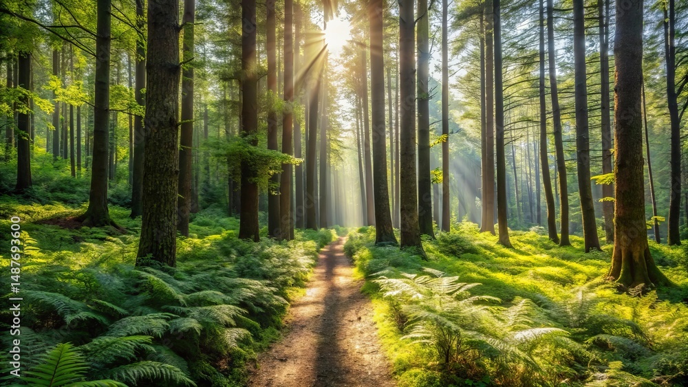 Obraz premium Sunlit Path Through a Verdant Forest with Lush Ferns and Tall Trees