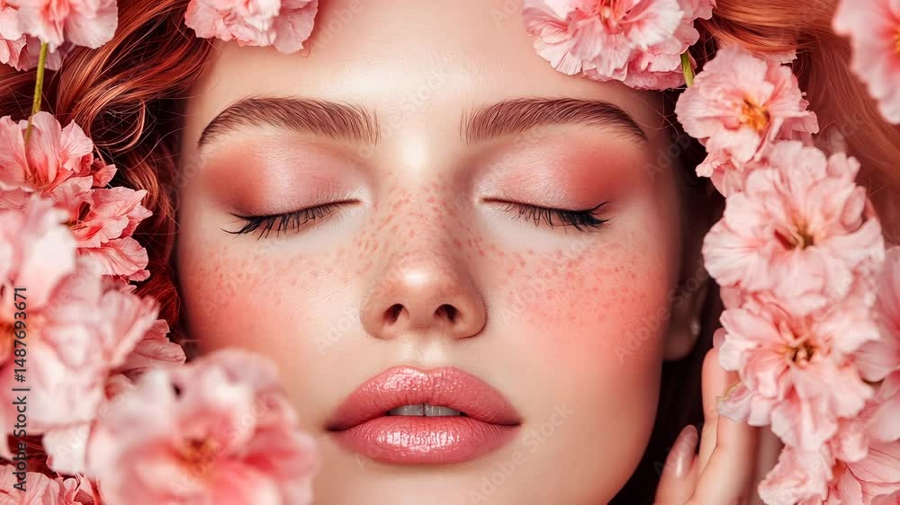Close flowers beauty portrait of a young woman with closed eyes cosmetics pink up spring, representing wellness, purity, and natural and skincare video 4k Close flowers beauty portrait of a young woman with closed eyes cosmetics pink up spring, representing wellness, purity, and natural and skincare video 4k