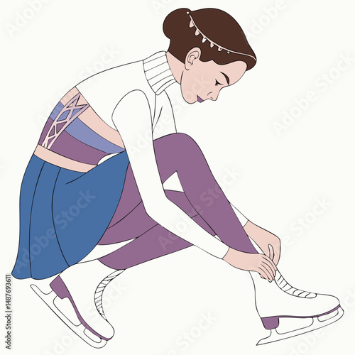 Young woman tying ice skates while preparing for skating practice  
