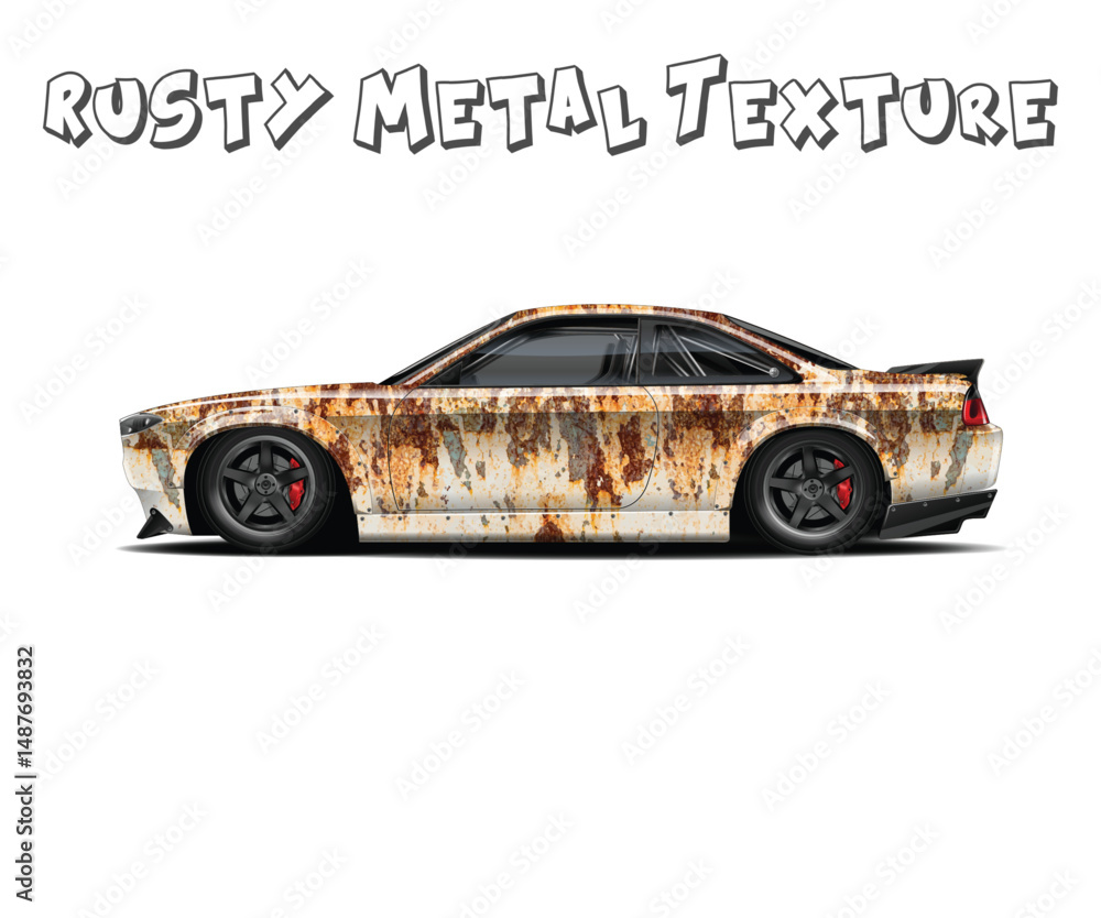 Rusty Metal Texture Car Wrap Design for Sports Coupe