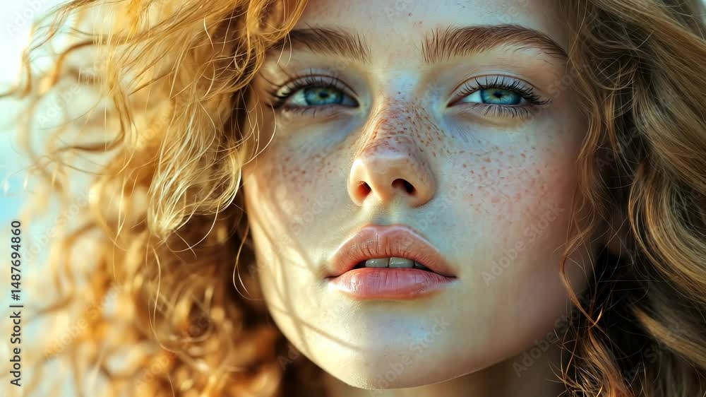 Redheaded model woman with freckles posing, soft sunlight highlighting natural features and delicate facial curls video 4k Redheaded model woman with freckles posing, soft sunlight highlighting natural features and delicate facial curls video 4k