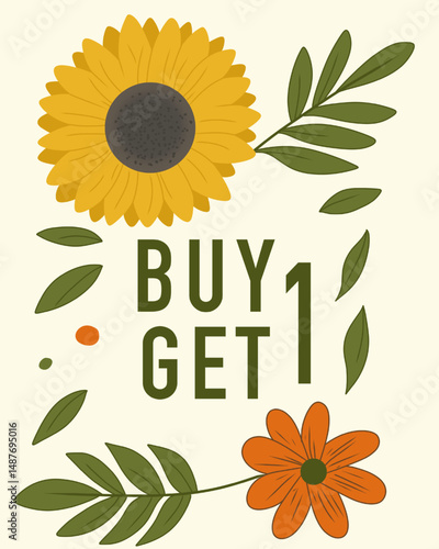 vector design BUY 1 GET 1 offer decoration with tropical leaves and a sunflower, giving it a fresh and lively summer look for marketing, business, banner, ads, poster, flyer, summer theme market