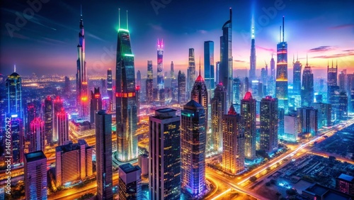 Wallpaper Mural A vibrant cityscape at twilight, showcasing a dense collection of illuminated skyscrapers, intricate road networks, and a breathtaking sunset Torontodigital.ca