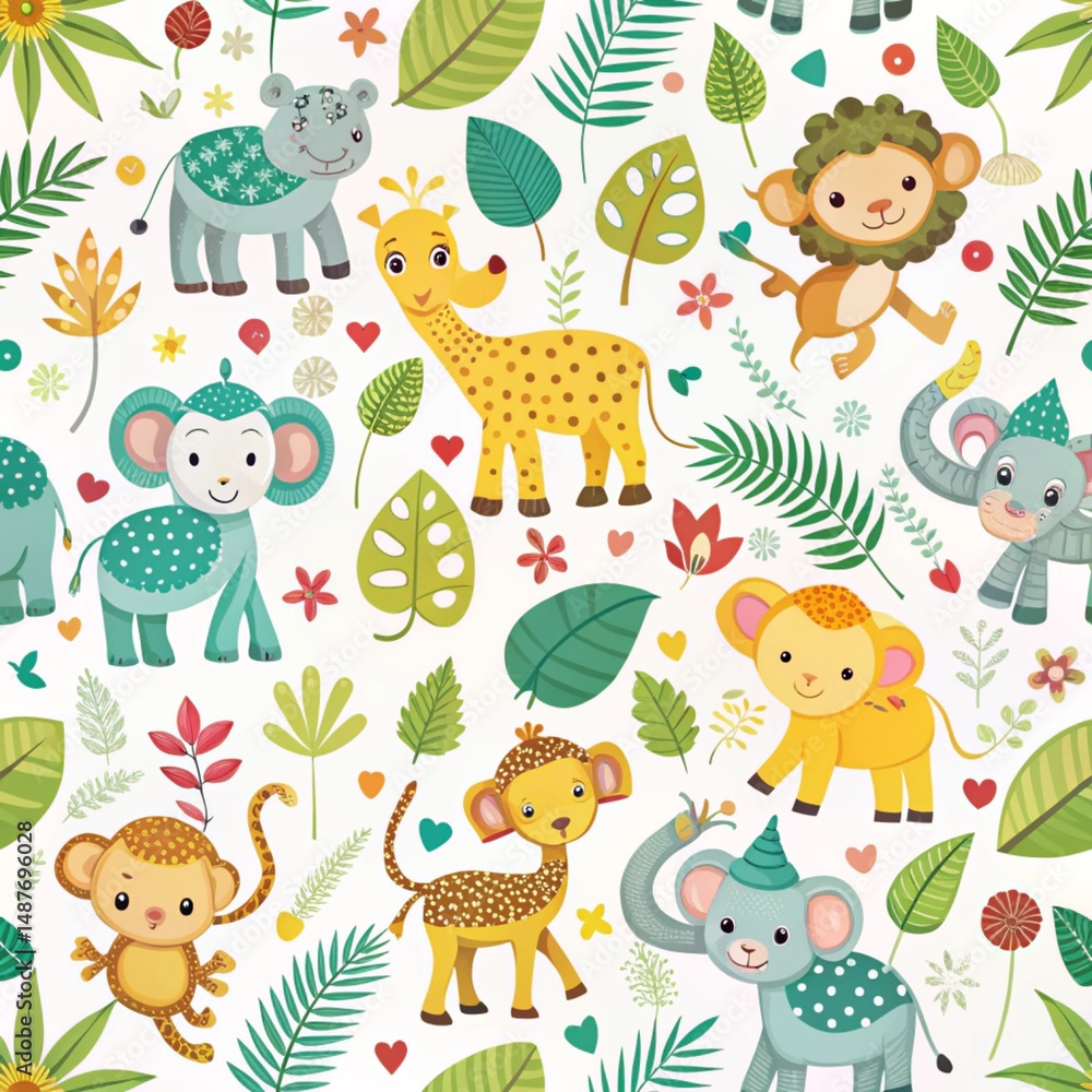 Naklejka premium Adorable jungle animals and plants pattern