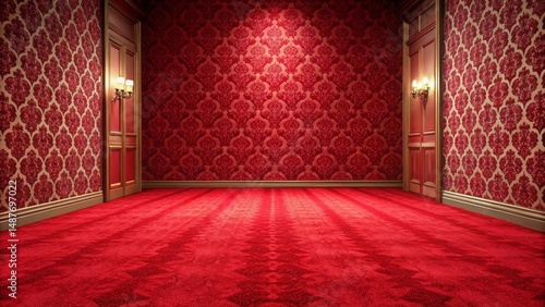 Elegant crimson room with ornate wallpaper and plush carpeting, ideal for a luxurious setting.