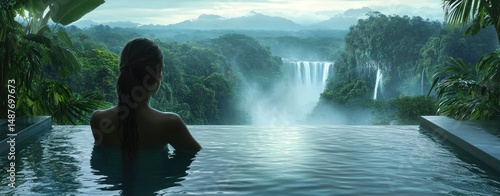 A serene view of a woman relaxing in a tranquil infinity pool. overlooking lush mountains and cascading waterfalls. with mist rising in the background. ideal for wellness and travel themes