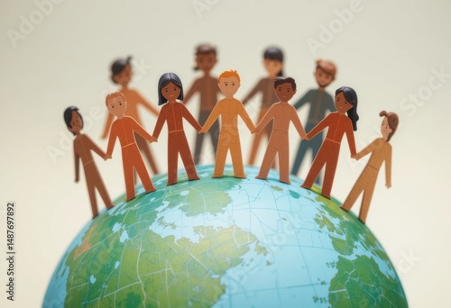 Personas recortadas en papel de distintos tonos de piel tomándose de la mano en una ilustración de un globo terráqueo, celebrando la amistad y la paz internacionales