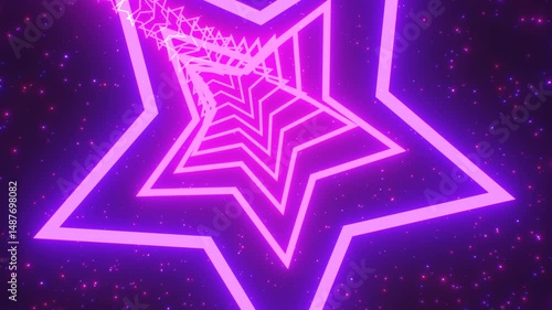 Flying Through Spiraling Rotating Tunnel Of Neon Glowing Star Shapes - 4K Seamless VJ Loop Motion Background Animation