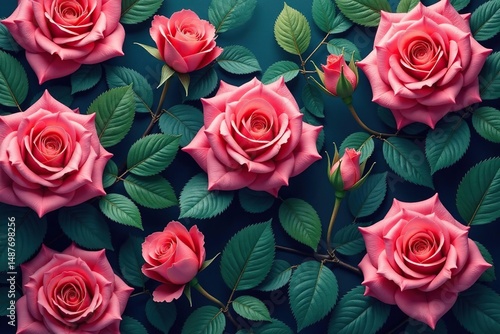 Intricate blooming roses, lush leaves repeat seamlessly , repeat, elegant