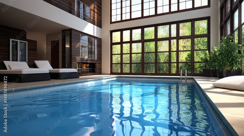 Fototapeta premium Spacious indoor pool area with large windows and lounge furniture.