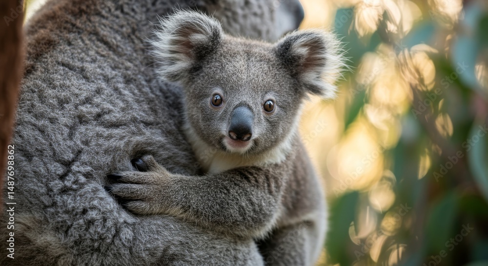 Fototapeta premium Close-up view of a koala joey clinging to its mother.
