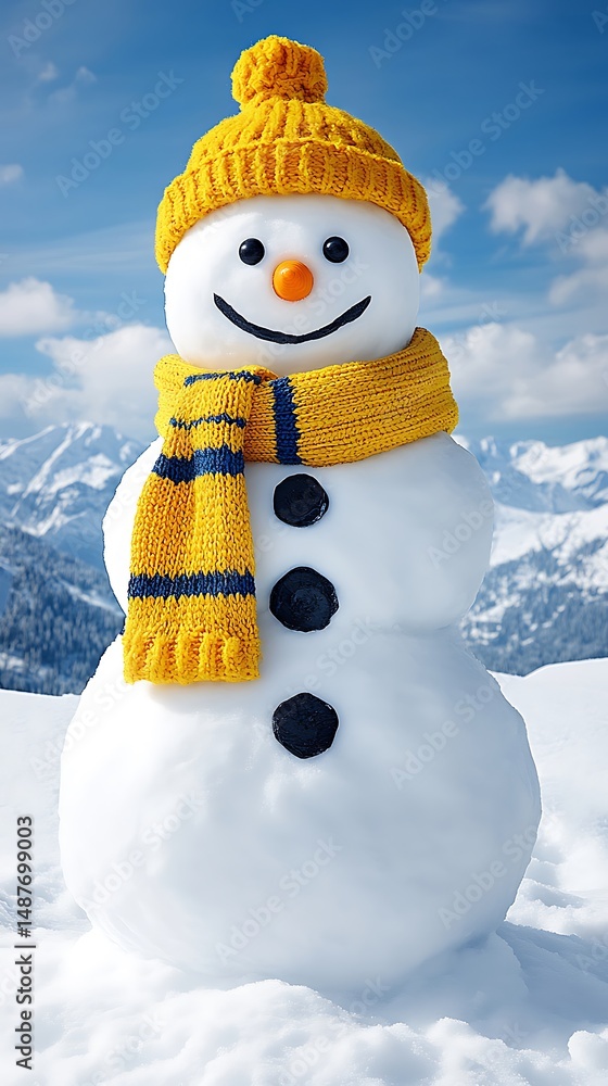 Obraz premium Snowman with yellow hat and scarf, snowy mountains