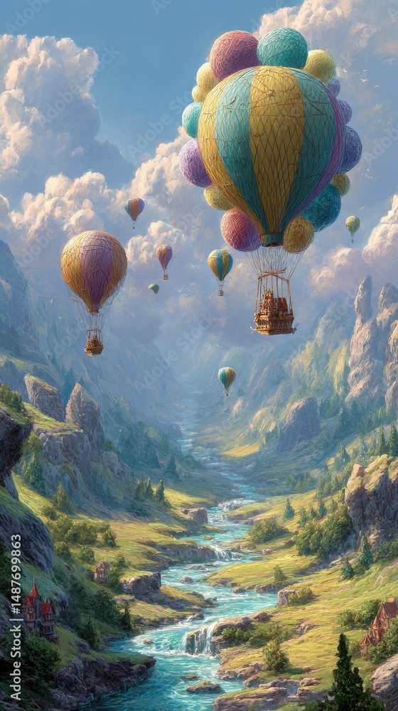 Fototapeta premium Colorful hot air balloons soaring over a picturesque valley.