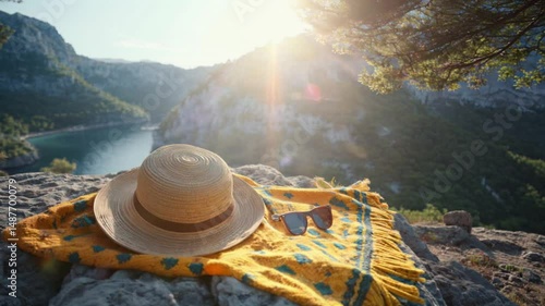 Wide-Angle Summer Travel Flatlay with Yellow Bag, Straw Hat, and Sunglasses Under Morning Sunlight – Vibrant, Carefree Holiday Vibes Captured in Natural Golden Hour Glow