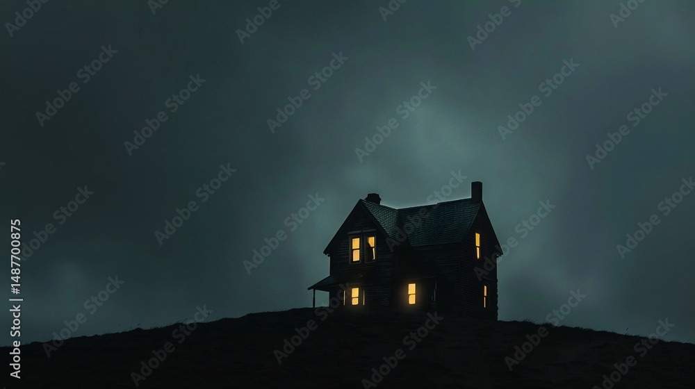 A solitary, two-story house stands atop a grassy hill, its lit windows casting a warm glow against a dark and cloudy sky. A solitary, two-story house stands atop a grassy hill, its lit windows casting a warm glow against a dark and cloudy sky.