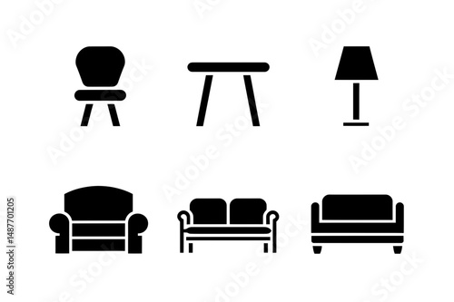Furniture icons chair sofa table and lamp vector