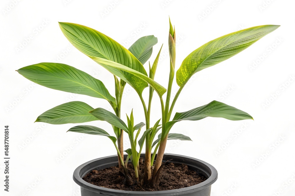 Fototapeta premium A small potted green houseplant with fresh leaves grows as a charming natural decoration