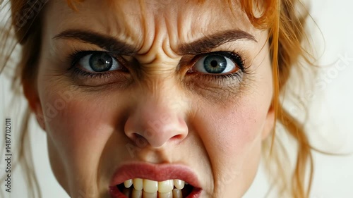 Portrait Frustrated young woman standing with crossed stern anger emotion rage, displaying arms expression against soft white background