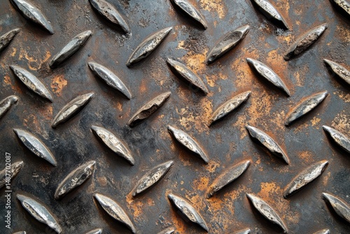 Close-up view of a textured metal surface featuring diamond plate patterns with signs of wear and rust. suitable for industrial or construction-related themes photo