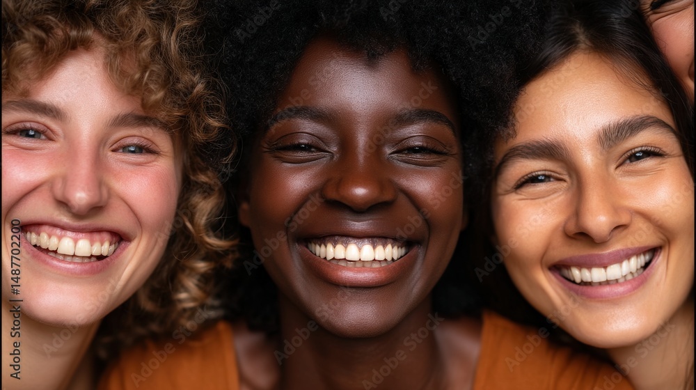 Three joyful women with diverse hair textures and vibrant smiles radiate happiness and warmth in a natural setting that celebrates friendship and positivity while highlighting diverse beauty Three joyful women with diverse hair textures and vibrant smiles radiate happiness and warmth in a natural setting that celebrates friendship and positivity while highlighting diverse beauty