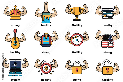 Set of illustrations in the concept of various equipment with arms in a line drawing style